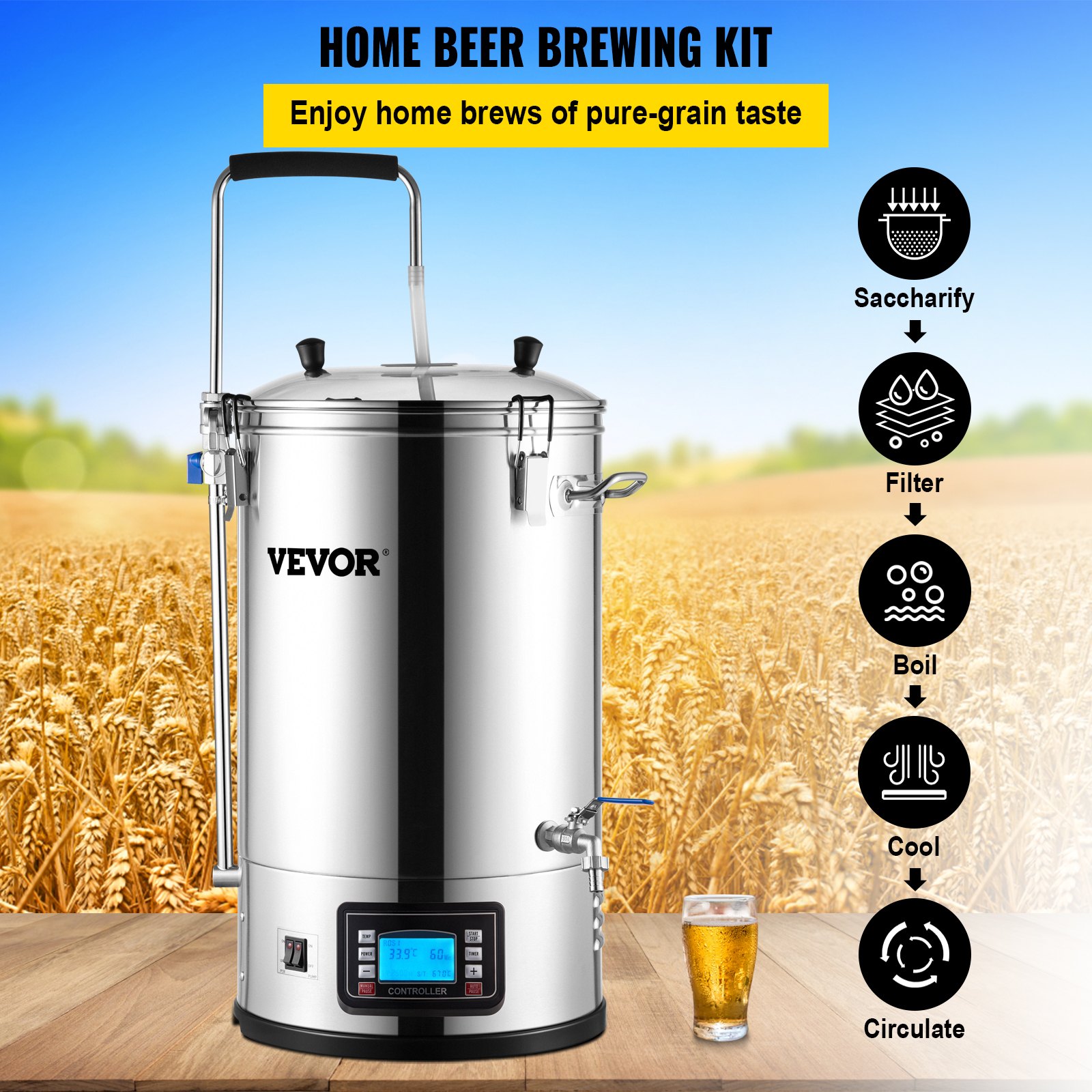 VEVOR Elektrisches Brühsystem, 35 l Brühtopf, All-in-One Bierbrauer mit Pumpe, Kochgerät mit Panel, Auto/Manueller Modus 100-1800 W Leistung 25-100 ℃ Temperatur 1-180 Min Timer Rezeptspeicher