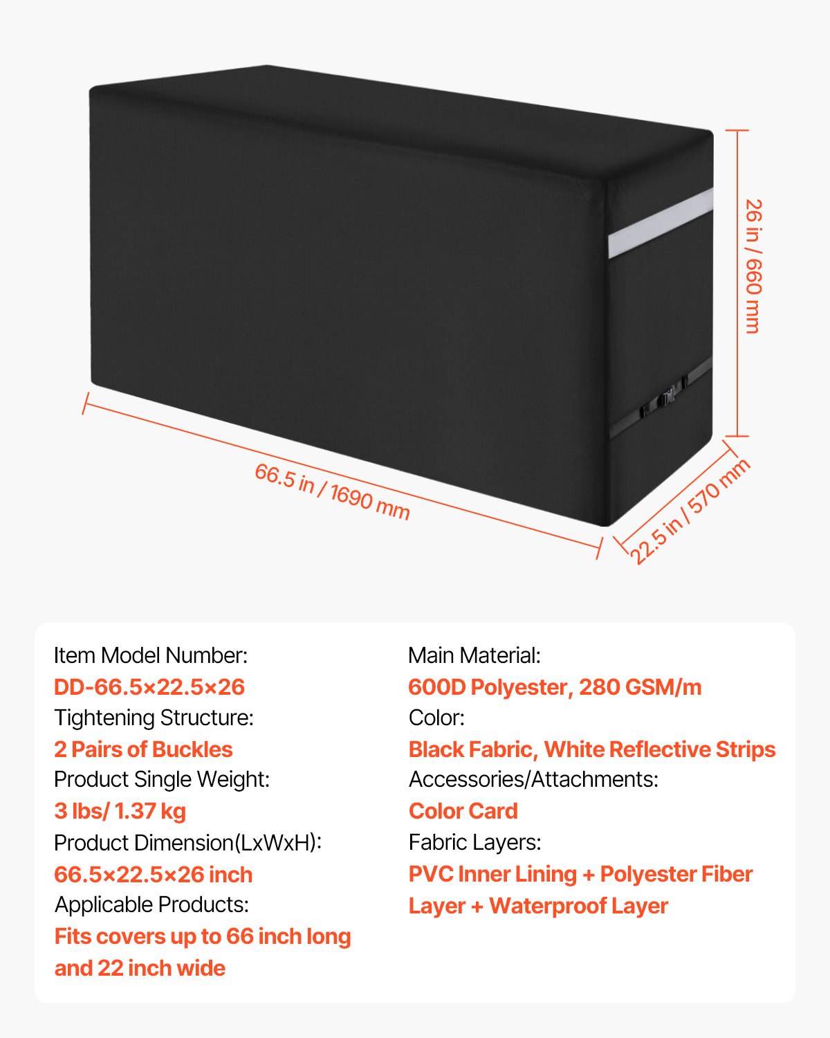 VEVOR Grill Cover (167.64 cm) for Outdoor Grills, Waterproof & Weatherproof, Durable 600D Polyester, Easy to Put On and Take Off, with Secure Buckles, Black