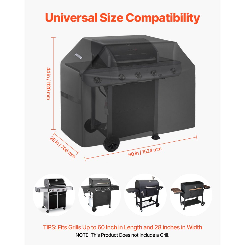 VEVOR Grill Cover, Protective Cover, Tarpaulin, Grill Hood (1524 mm) for Outdoor Grills, Waterproof & Weatherproof, Durable 600D Polyester, Easy to Put On and Take Off, with Velcro Straps