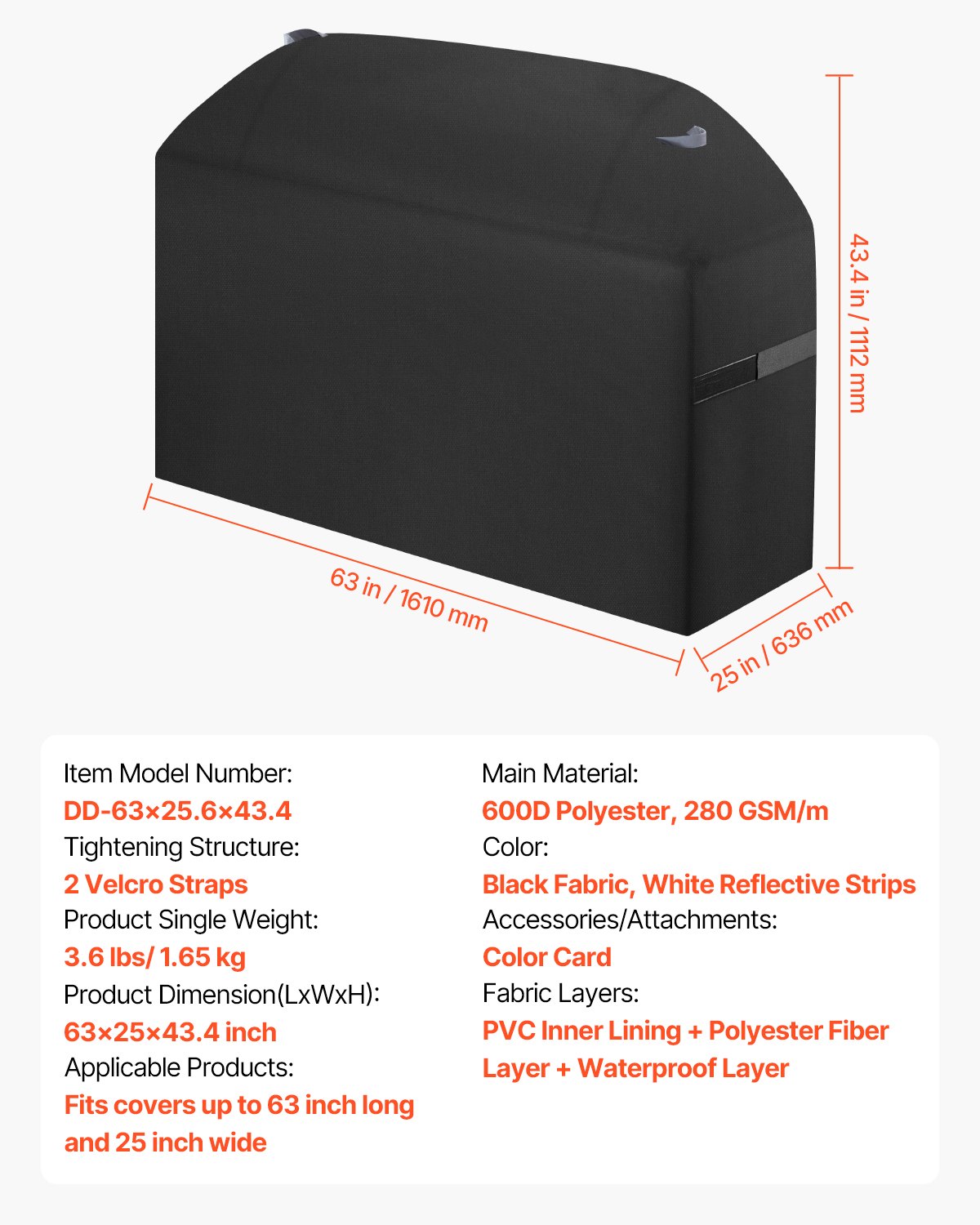 VEVOR Grill Cover, Protective Cover for Outdoor Grills (160 cm), Waterproof & Weatherproof, Durable 600D Polyester, Easy to Put On and Take Off, with Velcro Straps
