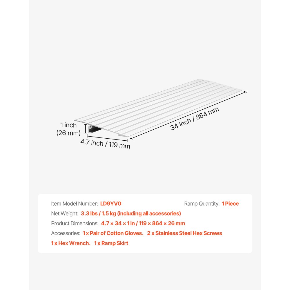 VEVOR Türschwellenrampe, 196x864x26 mm, Rollstuhlrampe aus Aluminiumlegierung mit einer Tragkraft von 360 kg, Bordsteinrampe für Heimtreppen für Rollstühle Roller Gehhilfen Fahrräder Dreiräder