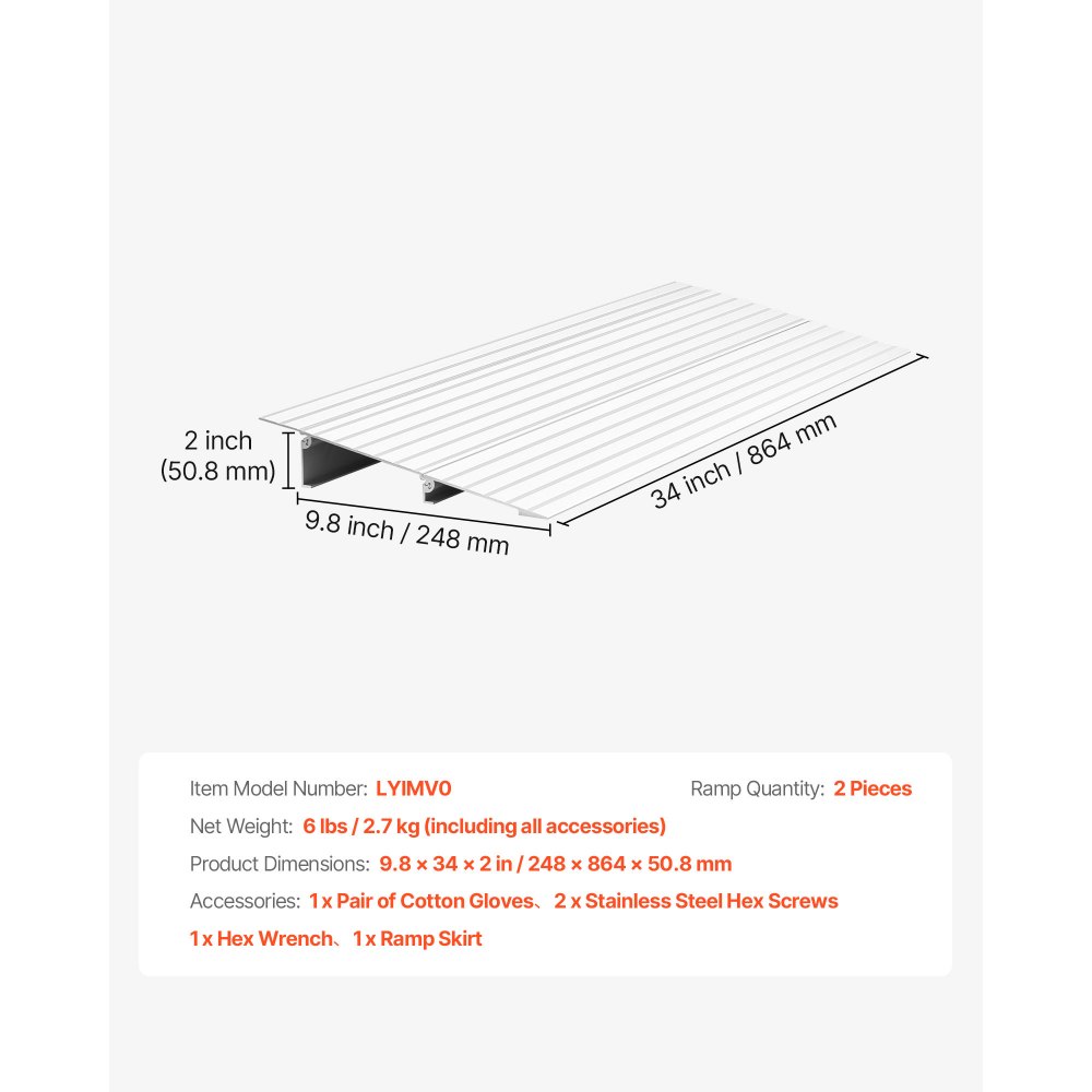 VEVOR Door Threshold Ramp, 59 mm Rise, Aluminum Alloy Threshold Ramp Rated 363 kg Load Capacity, Handicap Ramps for Home Steps for Wheelchair, Scooters, Power Chairs, Walkers, Bicycle, Tricycle