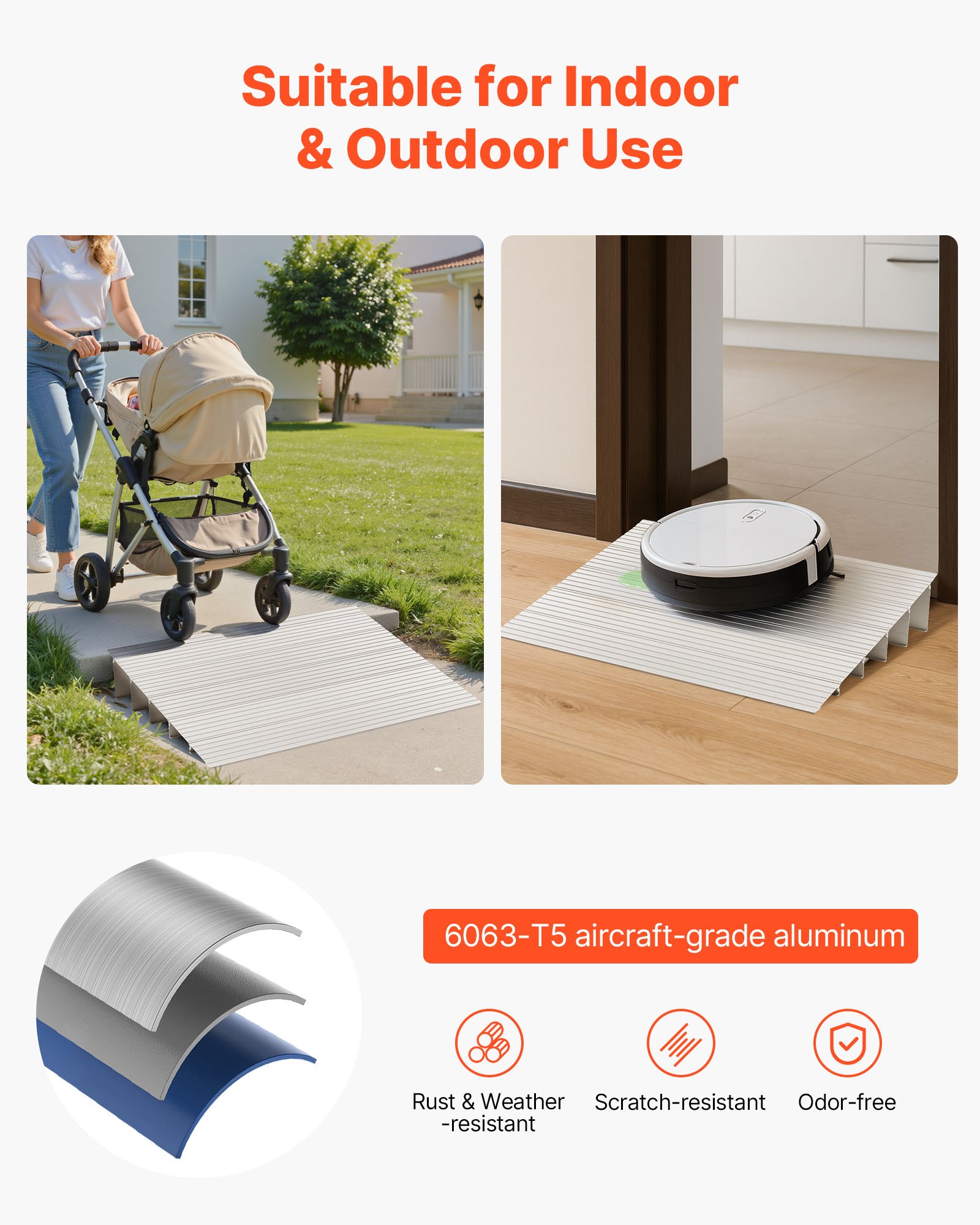 VEVOR Türschwellenrampe, 677x865x138 mm, Rollstuhlrampe aus Aluminiumlegierung mit einer Tragkraft von 360 kg, Bordsteinrampen für Heimtreppen für Rollstühle Roller Gehhilfen Fahrräder Dreiräder