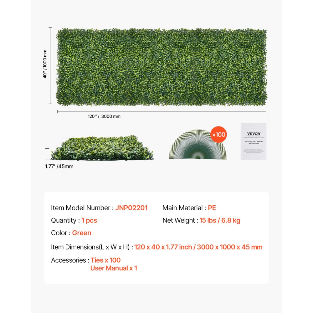 VEVOR Künstliche Hecke, 3000x1000x45mm, Künstliche Pflanzenwand, Buchsbaumpaneel für Dekoration im Innen- & Außenbereich & Efeu-Zaunbedeckung, Sichtschutz-Hintergrundwand, Heckenschirm für den Garten