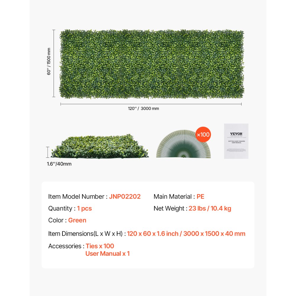 VEVOR Künstliche Pflanzenwand, 3000x1500x40 mm, Mailänder Gras, Buchsbaumpaneel für Dekoration im Innen- & Außenbereich & Efeu-Zaunbedeckung, Sichtschutz-Hintergrundwand, Heckenschirm für den Garten