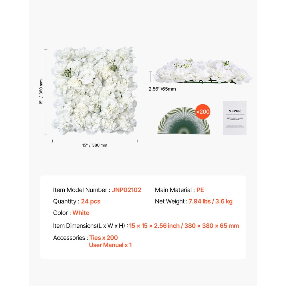 VEVOR Künstliche Pflanzenwand, 24 Stück, 380x380x65 mm, Künstliche Hecke, nahtloses Design und einfache Installation für Hochzeit, Valentinstag, Zuhause, Babyparty, Hintergrunddekoration, weiß