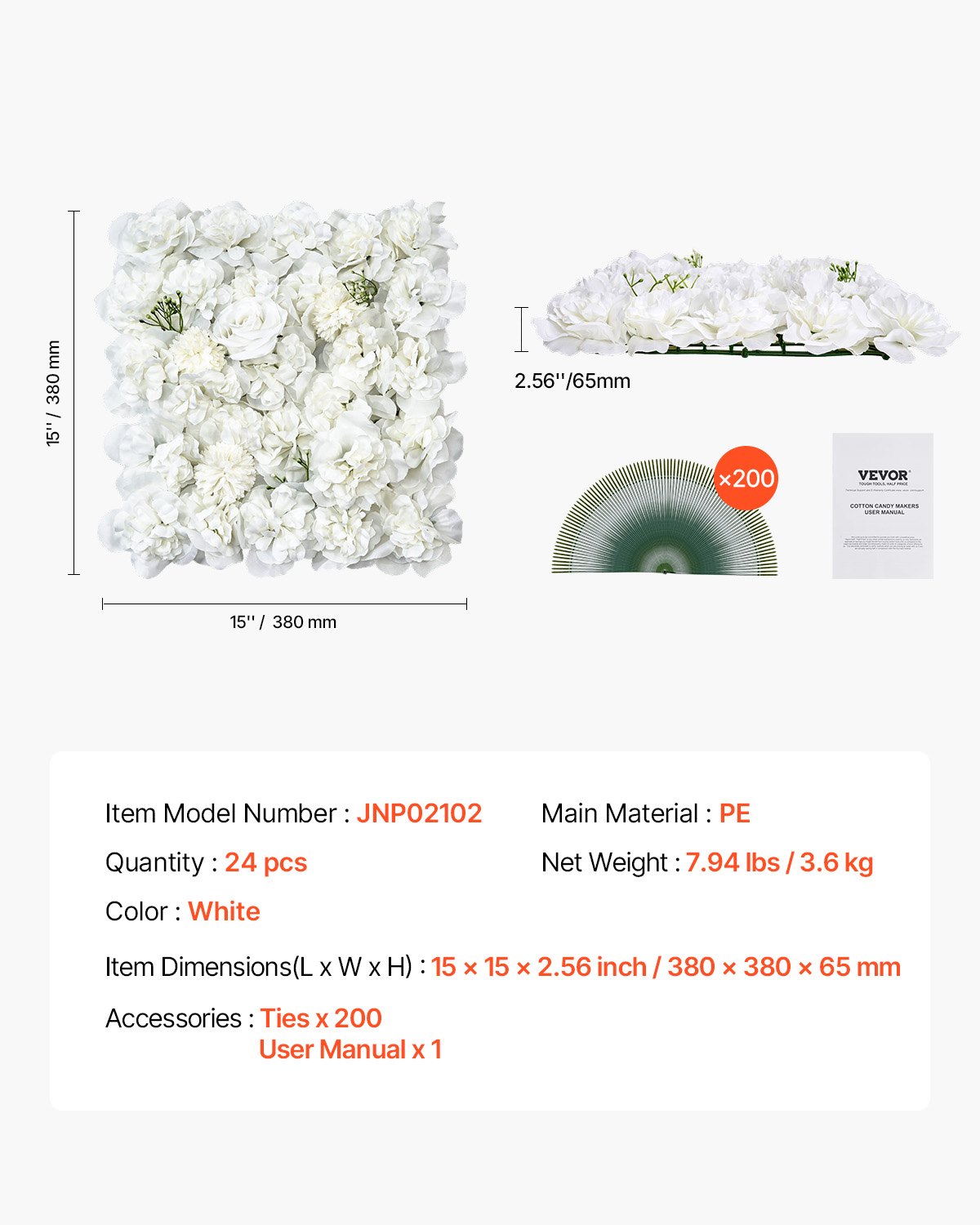 VEVOR Künstliche Pflanzenwand, 24 Stück, 380x380x65 mm, Künstliche Hecke, nahtloses Design und einfache Installation für Hochzeit, Valentinstag, Zuhause, Babyparty, Hintergrunddekoration, weiß