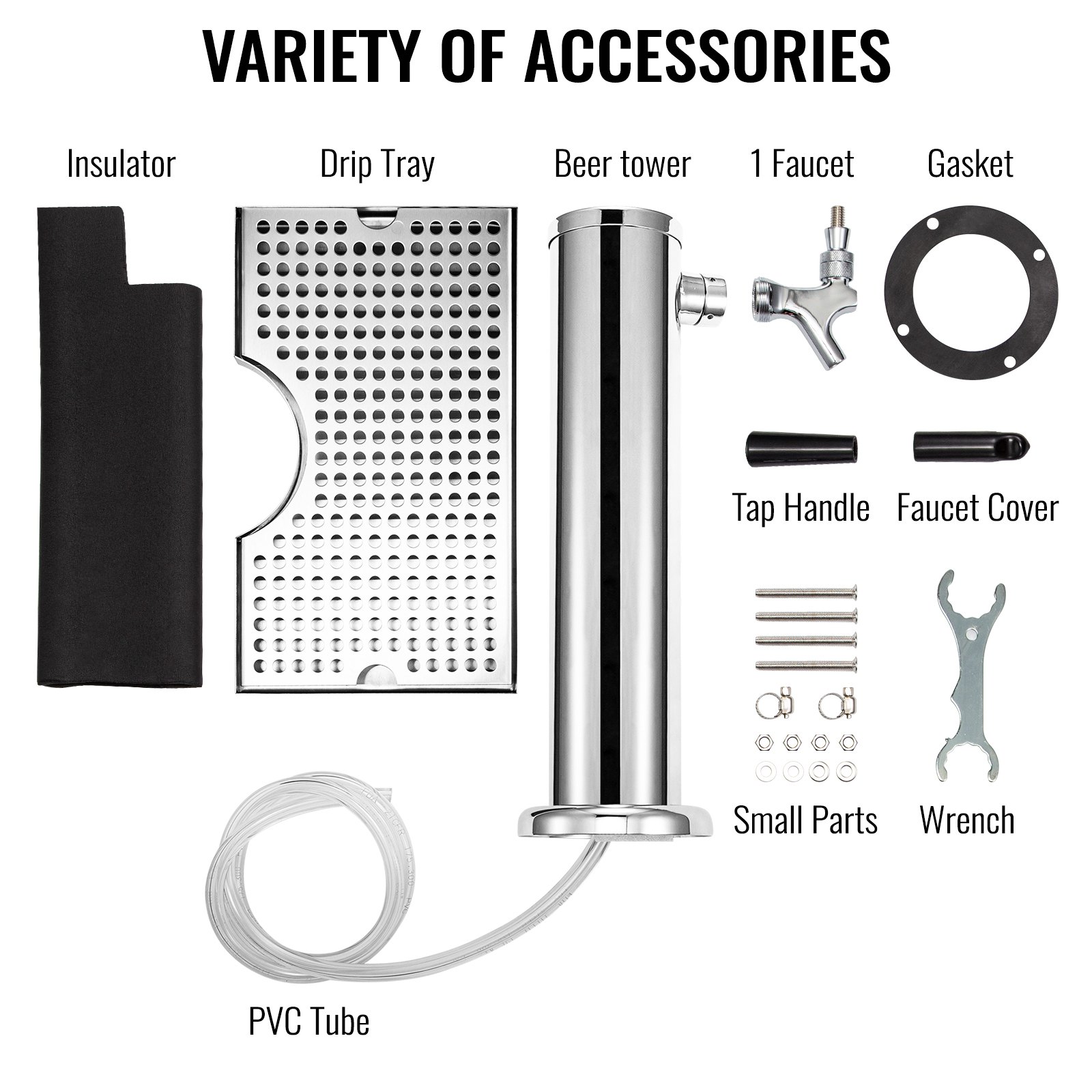 VEVOR Bierspender mit Zapfhahn 30 x 18 x 2 cm, 1,2 m Rohrlänge Getränkesäule, 5 kg Trinksäule Biersäule, Edelstahl Biersäule Zapfhahn, Bier Tower Wasserhahn Edelstahl, Kegerator Single Tap Silber
