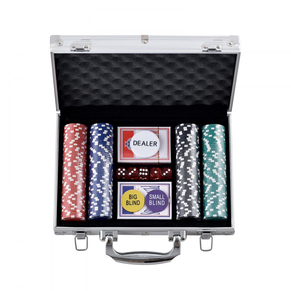 VEVOR Kunststoff Pokerchip-Set, 200-teiliges Pokerset Ungekennzeichnet, Pokerspielset mit Alu-Pokerkoffer, Karten, Knöpfe und Würfel, Komplett Set 6-7 Spieler für Texas Hold'em, Blackjack usw.