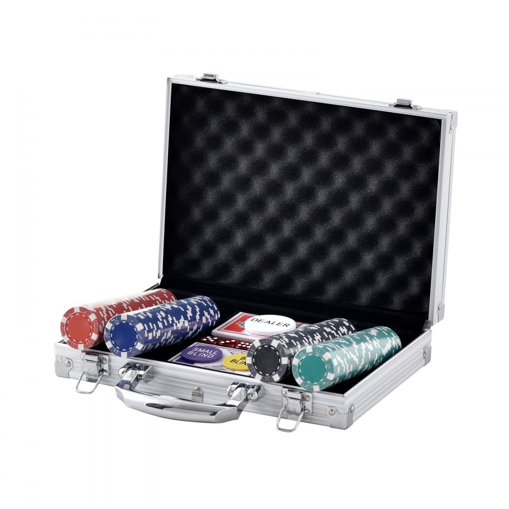 VEVOR Kunststoff Pokerchip-Set, 200-teiliges Pokerset Ungekennzeichnet, Pokerspielset mit Alu-Pokerkoffer, Karten, Knöpfe und Würfel, Komplett Set 6-7 Spieler für Texas Hold'em, Blackjack usw.