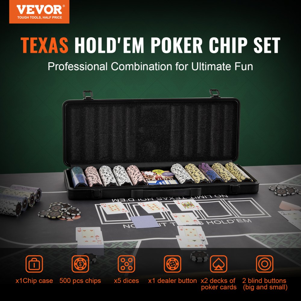 VEVOR Pokerchip-Set, 500-teiliges Pokerset, Clay Komplettes Pokerspielset mit ABS-Pokerkoffer, Karten, Knöpfe und Würfel, Komplett Set 9-10 Spieler für Texas Hold'em, Blackjack, Glücksspiel usw.