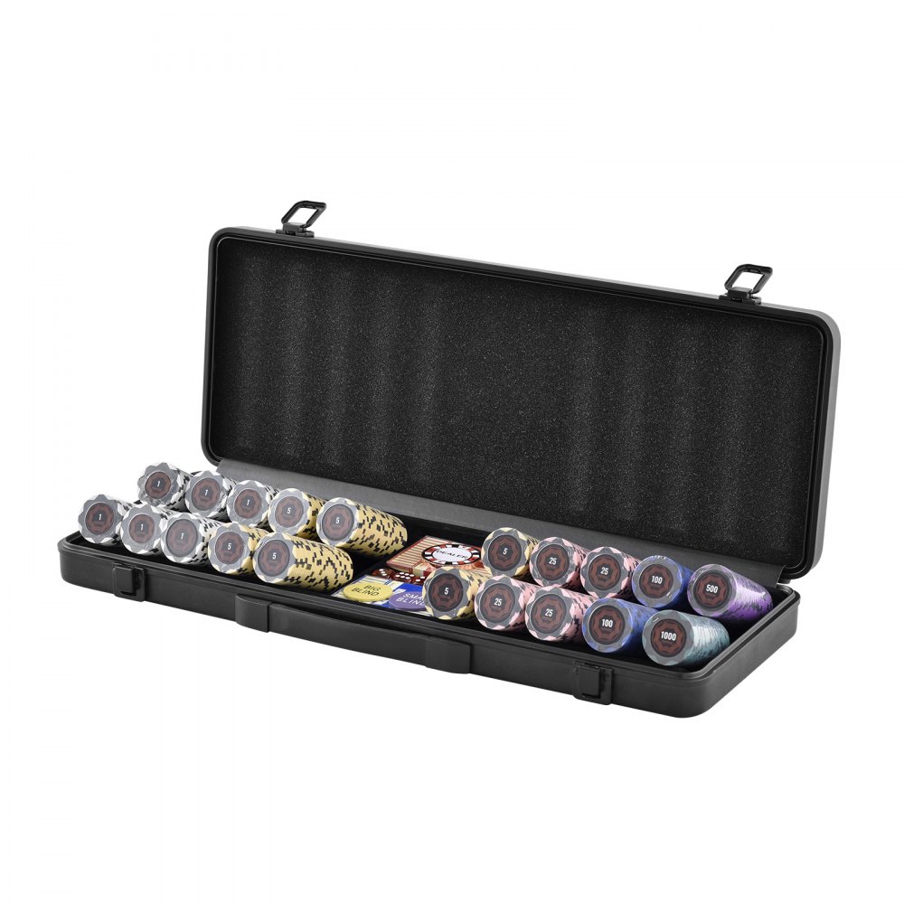 VEVOR Pokerchip-Set, 500-teiliges Pokerset, Clay Komplettes Pokerspielset mit ABS-Pokerkoffer, Karten, Knöpfe und Würfel, Komplett Set 9-10 Spieler für Texas Hold'em, Blackjack, Glücksspiel usw.