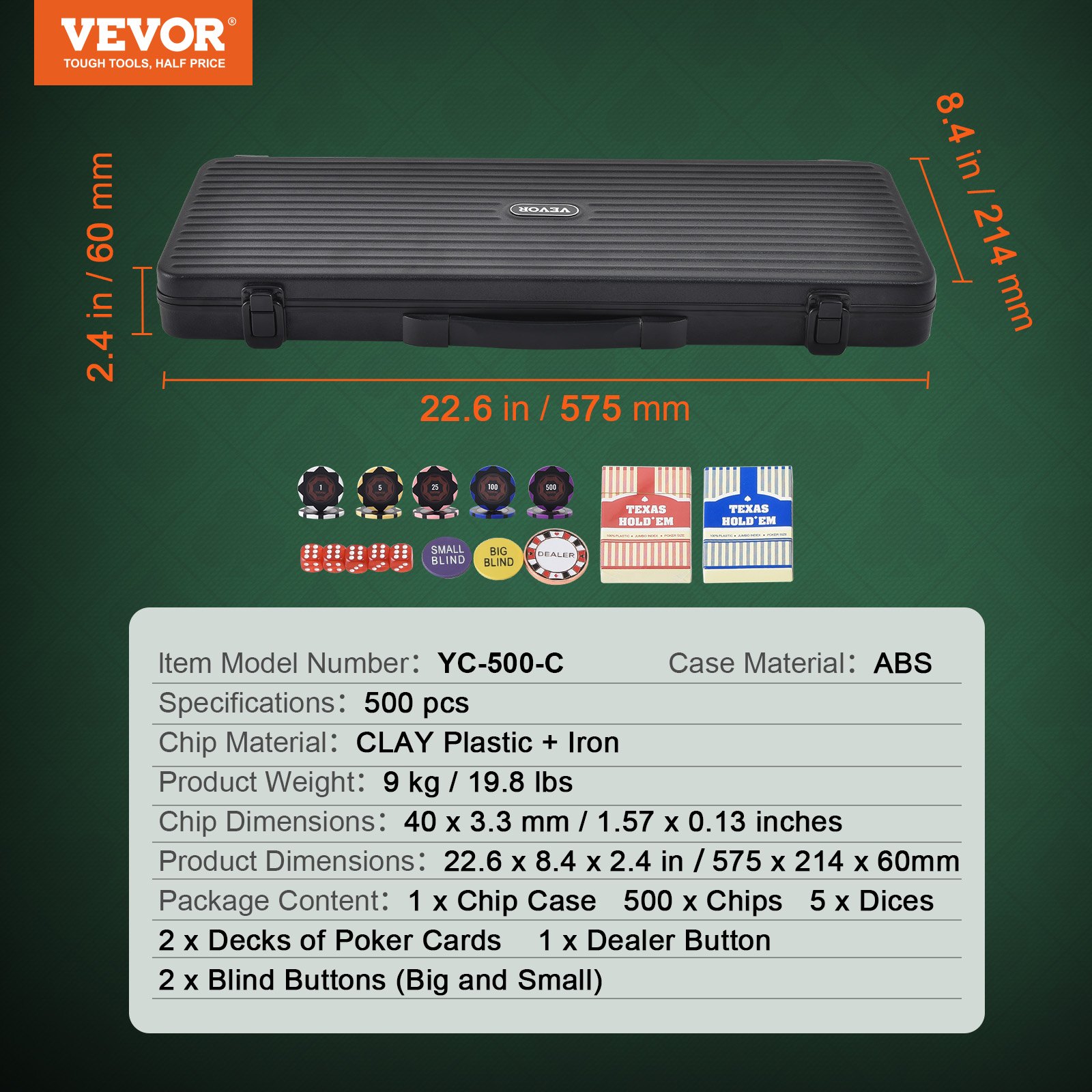 VEVOR Pokerchip-Set, 500-teiliges Pokerset, Clay Komplettes Pokerspielset mit ABS-Pokerkoffer, Karten, Knöpfe und Würfel, Komplett Set 9-10 Spieler für Texas Hold'em, Blackjack, Glücksspiel usw.