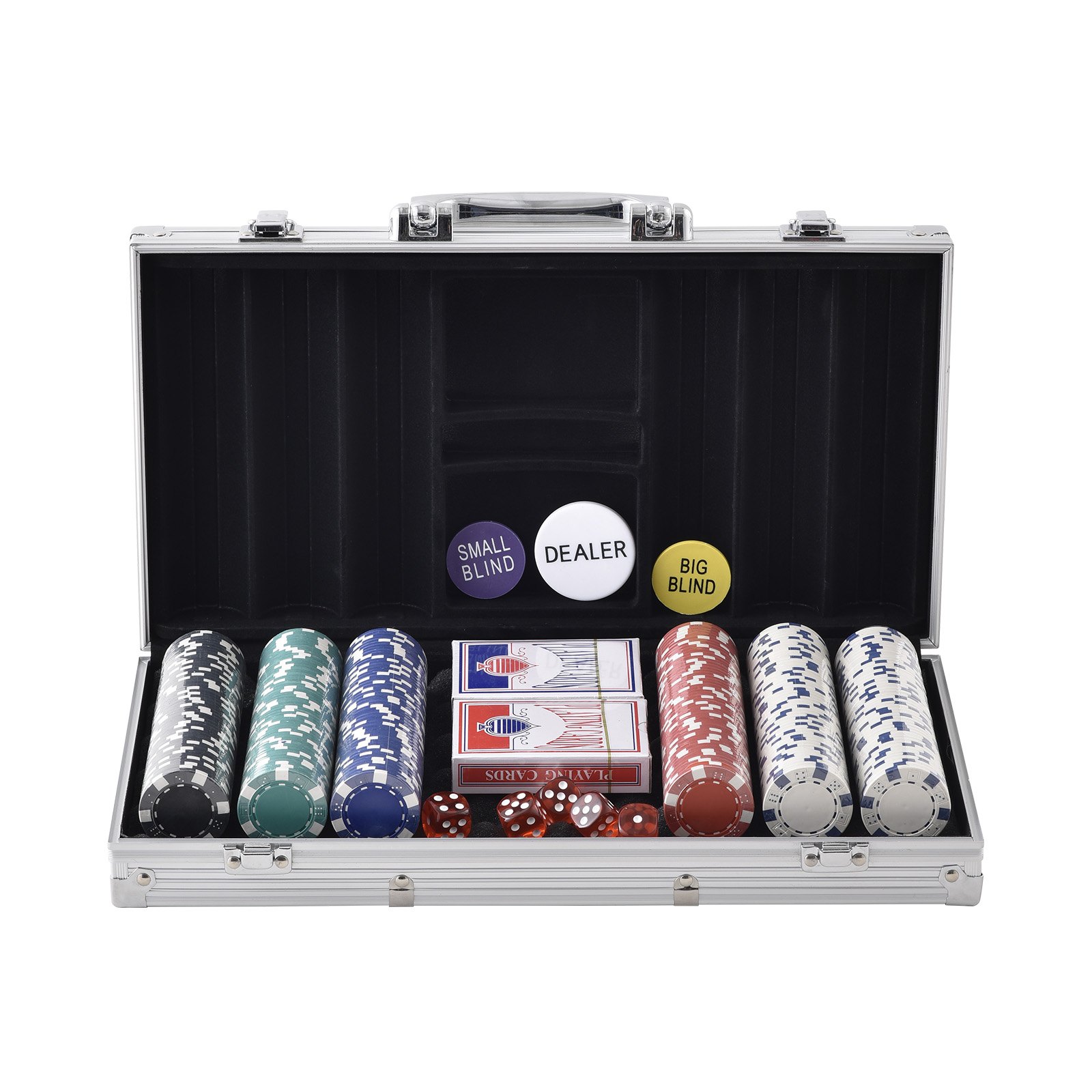 VEVOR Kunststoff Pokerchip-Set, 300-teiliges Pokerset Ungekennzeichnet, Pokerspielset mit Alu-Pokerkoffer, Karten, Knöpfe und Würfel, Komplett Set 7-8 Spieler für Texas Hold'em, Blackjack, usw.