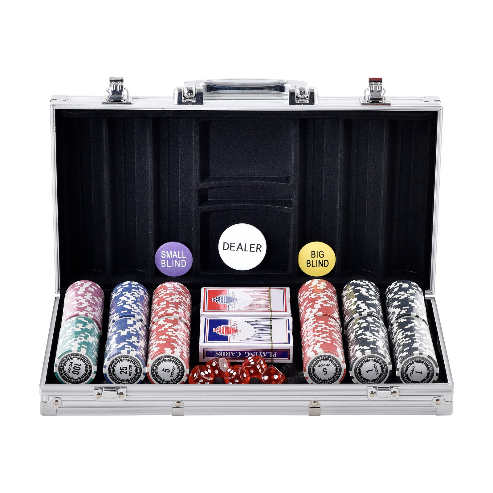 VEVOR Kunststoff Pokerchip-Set, 300-teiliges Pokerset, Komplettes Pokerspielset mit Alu-Pokerkoffer, Karten, Knöpfe und Würfel, Komplett Set 7-8 Spieler für Texas Hold'em, Blackjack, Glücksspiel usw.