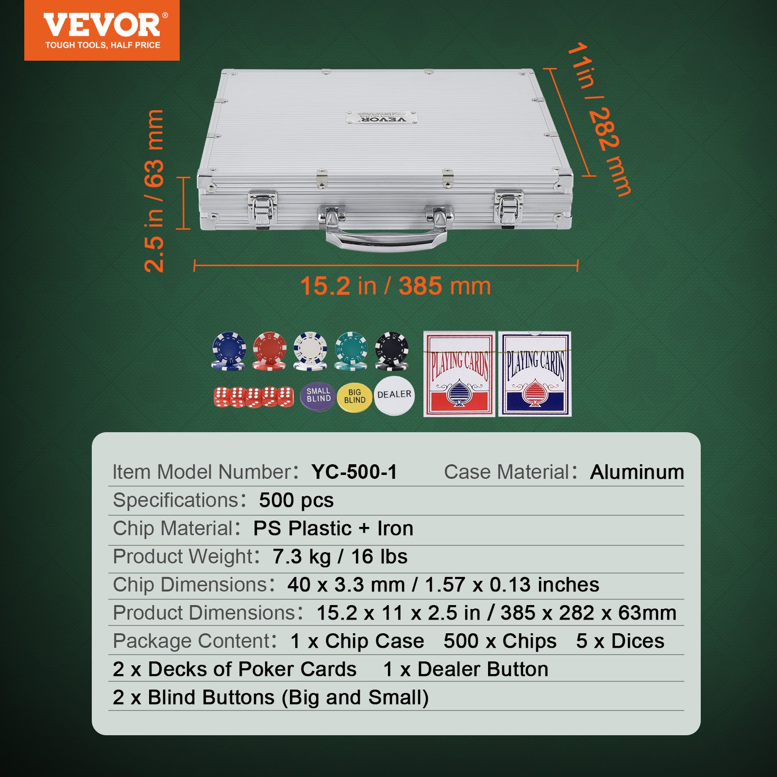 VEVOR Pokerchip-Set, 500-teiliges Pokerset Ungekennzeichnet, Pokerspielset mit Alu-Pokerkoffer, Karten, Knöpfe und Würfel, Komplett Set 9-10 Spieler für Texas Hold'em, Blackjack, Glücksspiel usw.