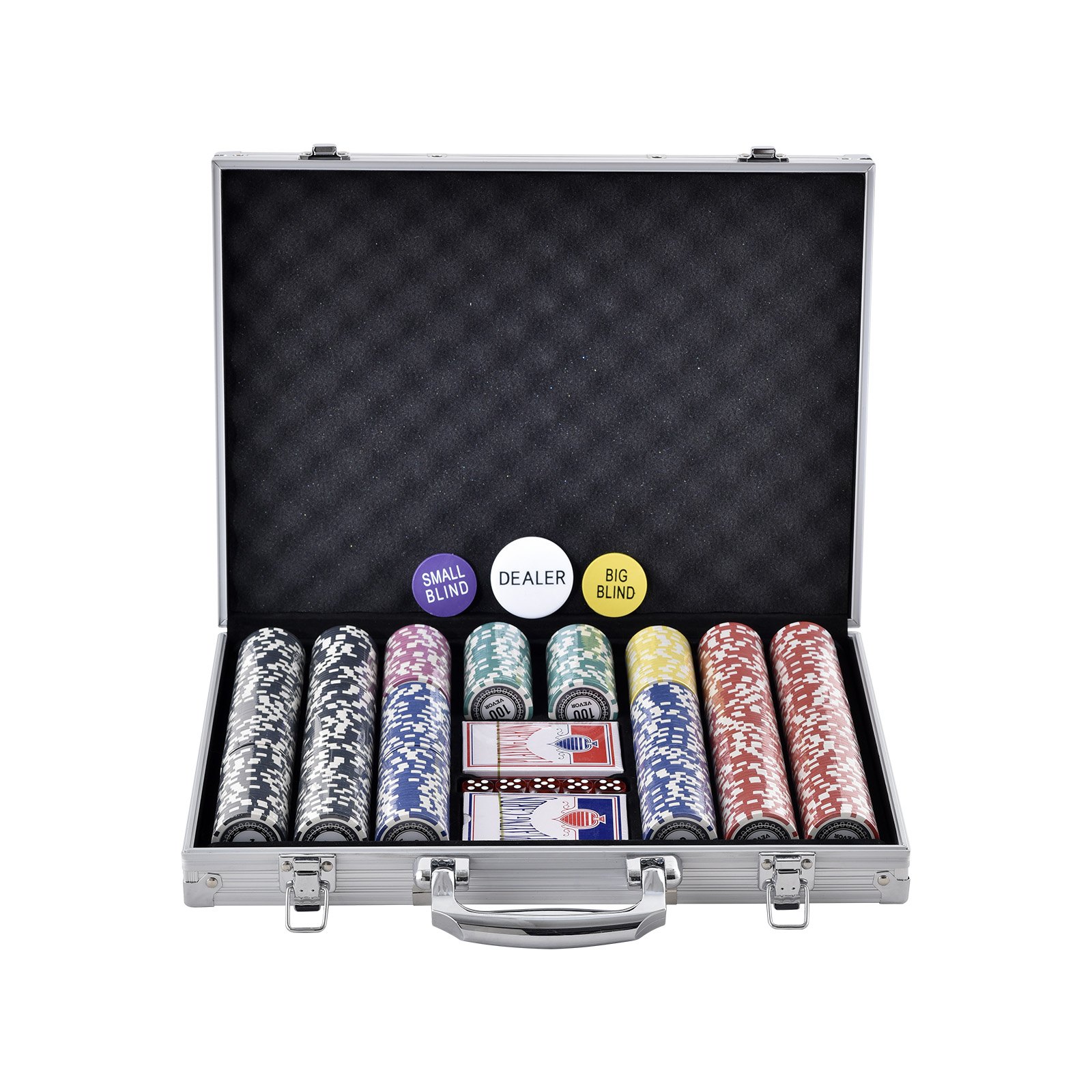 VEVOR Pokerchip-Set, 500-teiliges Pokerset, Kunststoff Komplettes Pokerspielset mit Alu-Pokerkoffer, Karten, Knöpfe und Würfel, Komplett Set 9-10 Spieler für Texas Hold'em, Blackjack, Glücksspiel usw.