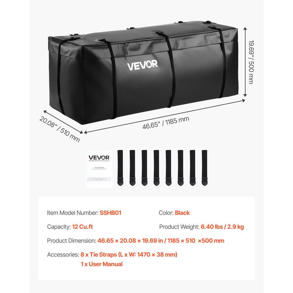VEVOR luggage rack bag for towbar made of waterproof 840D PVC (0.34 m³), luggage bag for storage on the loading area of trucks with reinforced straps for cars, SUVs and vans, black