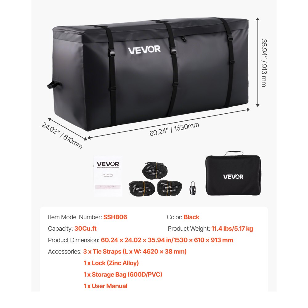 VEVOR Gepäckträgertasche für Anhängerkupplung aus wasserdichtes 840D-PVC (0,85 m³), Gepäcktasche zur Aufbewahrung auf der Ladefläche von Lkws mit verstärkten Gurten für PKW SUVs Vans Schwarz