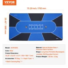 VEVOR Pokermatte Pokertischplatte, 1785 x 900 mm Pokertischauflage, 6–8 Spieler, faltbare Pokertischplatte mit Tasche, tragbarer Pokertisch Pokerteppich für Pokerspiele, Pokerraum, rechteckig, blau
