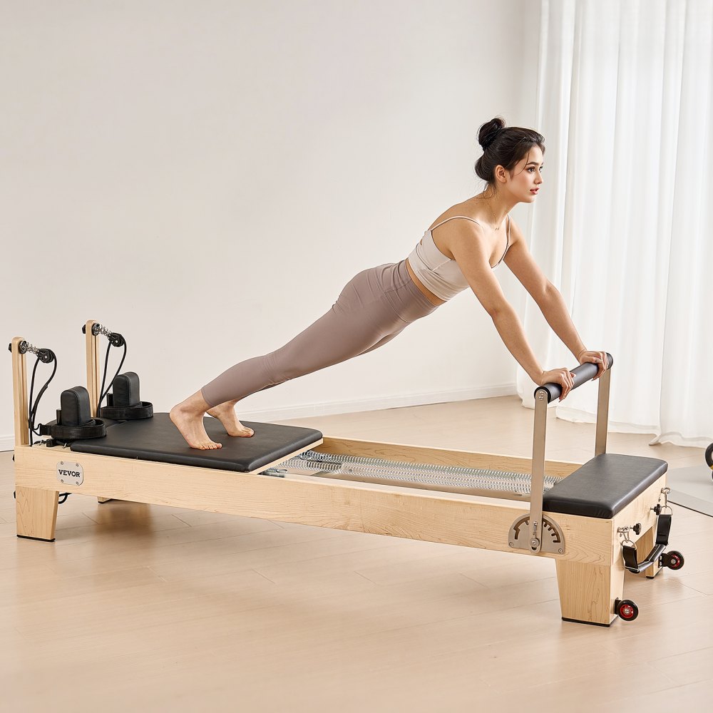 VEVOR Pilates Reformer Trainingsgerät aus Holz für den Einsatz im Heim-Fitnessstudio, Pilates-Bett mit doppeltem Widerstand – Feder & Kordel, Ausrüstung mit Sitzbox , bis zu 181,44 kg