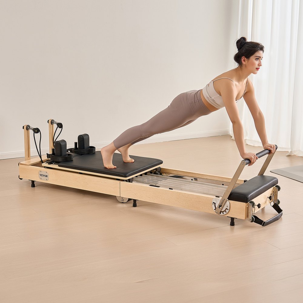 VEVOR faltbarer Pilates Reformer Trainingsgerät aus Holz für den Einsatz im Heim-Fitnessstudio, Pilates-Bett mit doppeltem Widerstand – Feder & Kordel, Ausrüstung mit Sitzbox, bis zu 181,44 kg