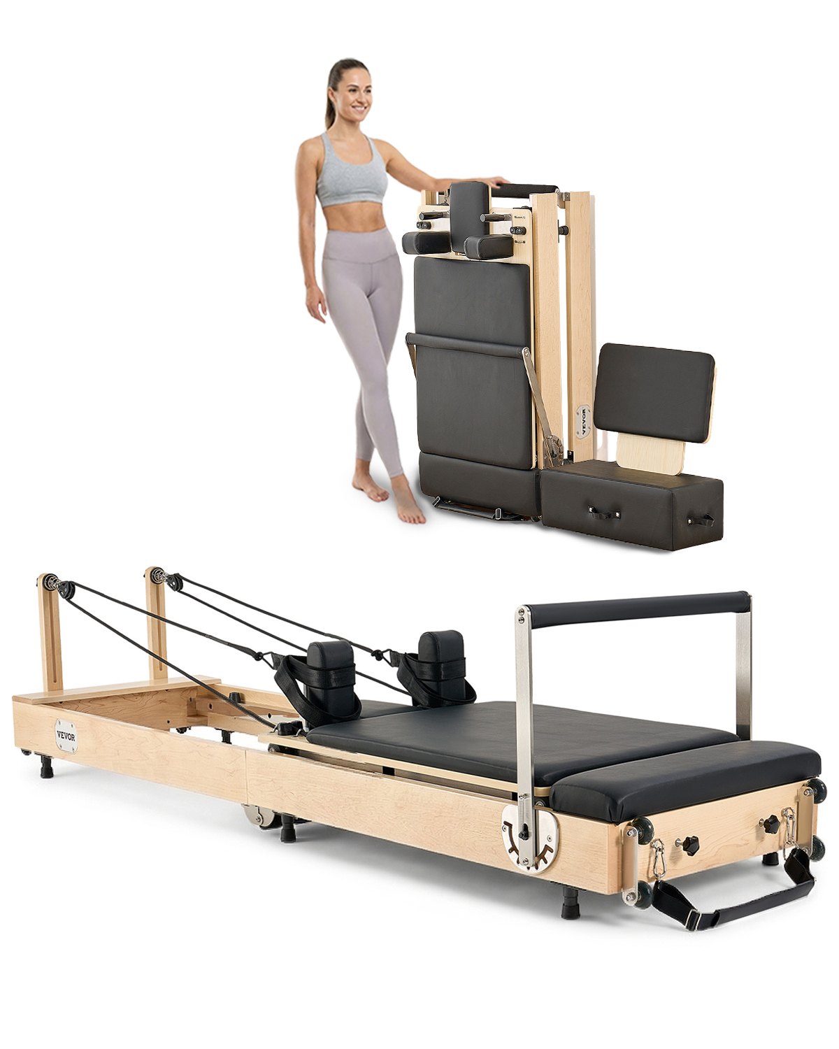 VEVOR Foldable Wooden Pilates Reformer Training Device for Home Gym Use, Pilates Bed with Dual Resistance – Spring & Cord, Equipment with Seat Box, up to 181.44 kg