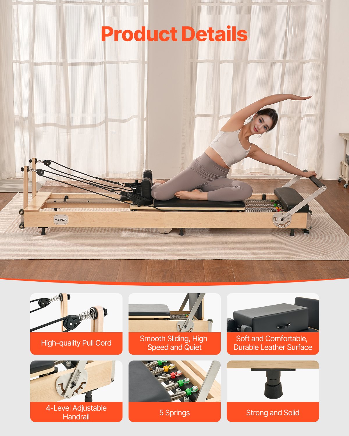 VEVOR faltbarer Pilates Reformer Trainingsgerät aus Holz für den Einsatz im Heim-Fitnessstudio, Pilates-Bett mit doppeltem Widerstand – Feder & Kordel, Ausrüstung mit Sitzbox, bis zu 181,44 kg