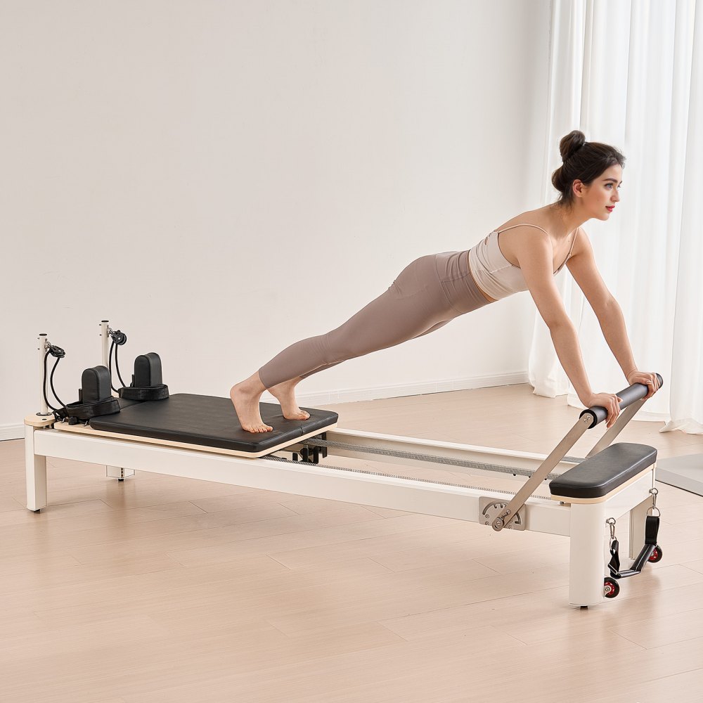 VEVOR Pilates Reformer Maschine Pilates-Bett aus Aluminium mit Sitzbox & doppeltem Widerstand – Feder & Kordel, für Fortgeschrittene & Anfänger, Heim-Fitnessstudio Gerät bis zu 181,44 kg