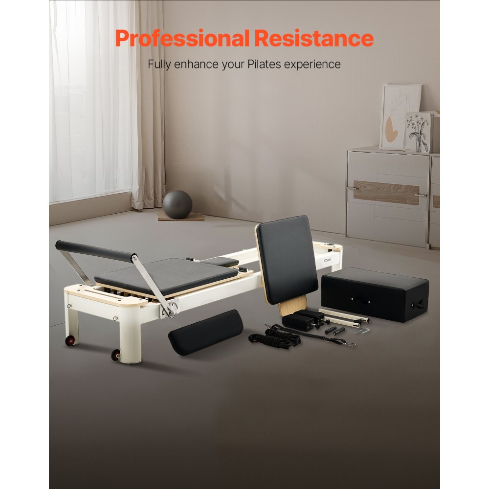 VEVOR Pilates Reformer Maschine Pilates-Bett aus Aluminium mit Sitzbox & doppeltem Widerstand – Feder & Kordel, für Fortgeschrittene & Anfänger, Heim-Fitnessstudio Gerät bis zu 181,44 kg