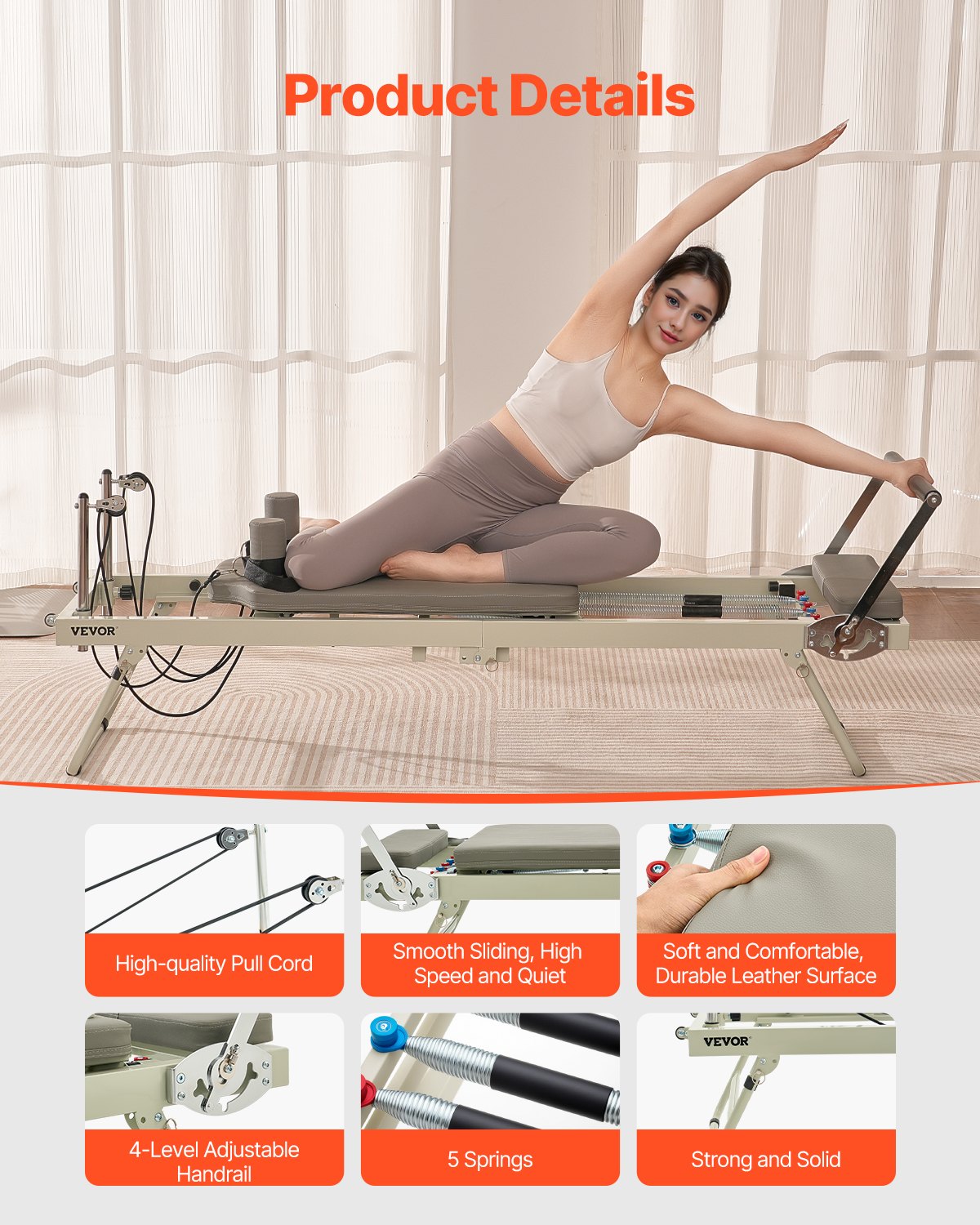 VEVOR Faltbarer Pilates Reformer Trainingsgerät im Heim-Fitnessstudio, Pilates-Bett mit doppeltem Widerstand – Feder und Kordel, für Fortgeschrittene und Anfänger, bis zu 181,44 kg