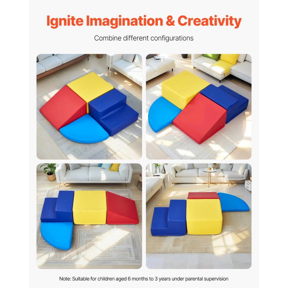 VEVOR Softbausteine, 4-teiliges Set, Schaumstoffbausteine für Kleinkinder von 6 Monaten bis 3 Jahren, Großbausteine aus PU-Leder, Indoor-Kletter- & Krabbelaktivitätsspielset zum Krabbeln & Rutschen