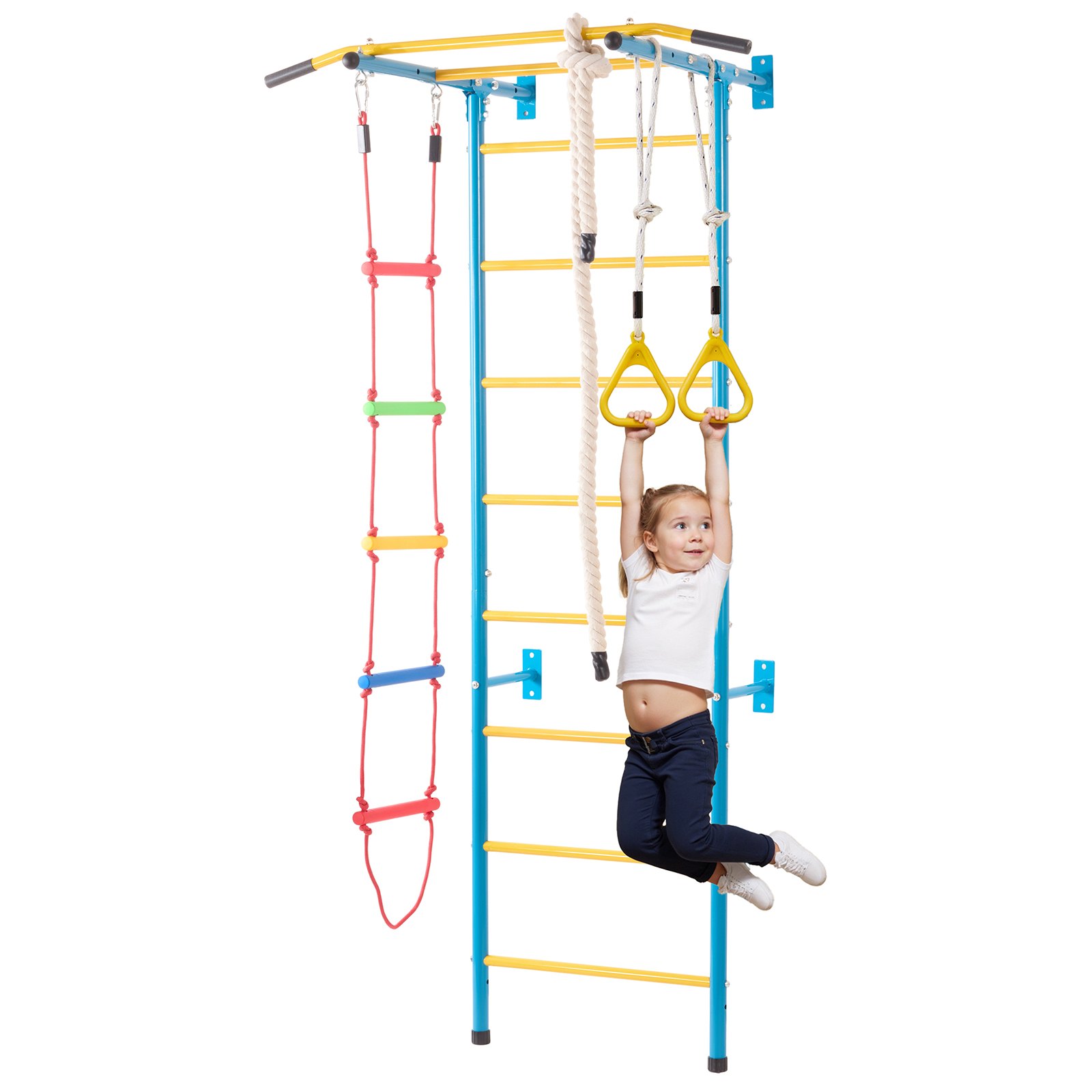VEVOR Sprossenwand Turnwand Klettergerüst für Kinder (ab 3 Jahren), 5-in-1-Set mit schwedischer Leiter aus Karbonstahl, Klimmzugstange & Strickleiter & Turnringen 100 kg belastbar mehrfarbig