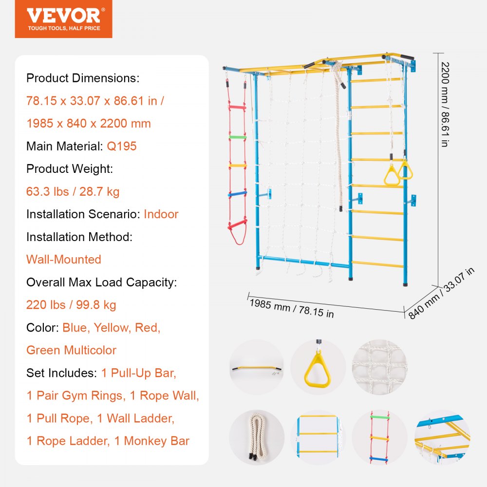 VEVOR Sprossenwand Turnwand Klettergerüst für Kleinkinder, 7-in-1-Kletterspielset mit schwedischer Leiter aus Karbonstahl, Klimmzugstange & Strickleiter & Turnringen 100 kg belastbar mehrfarbig