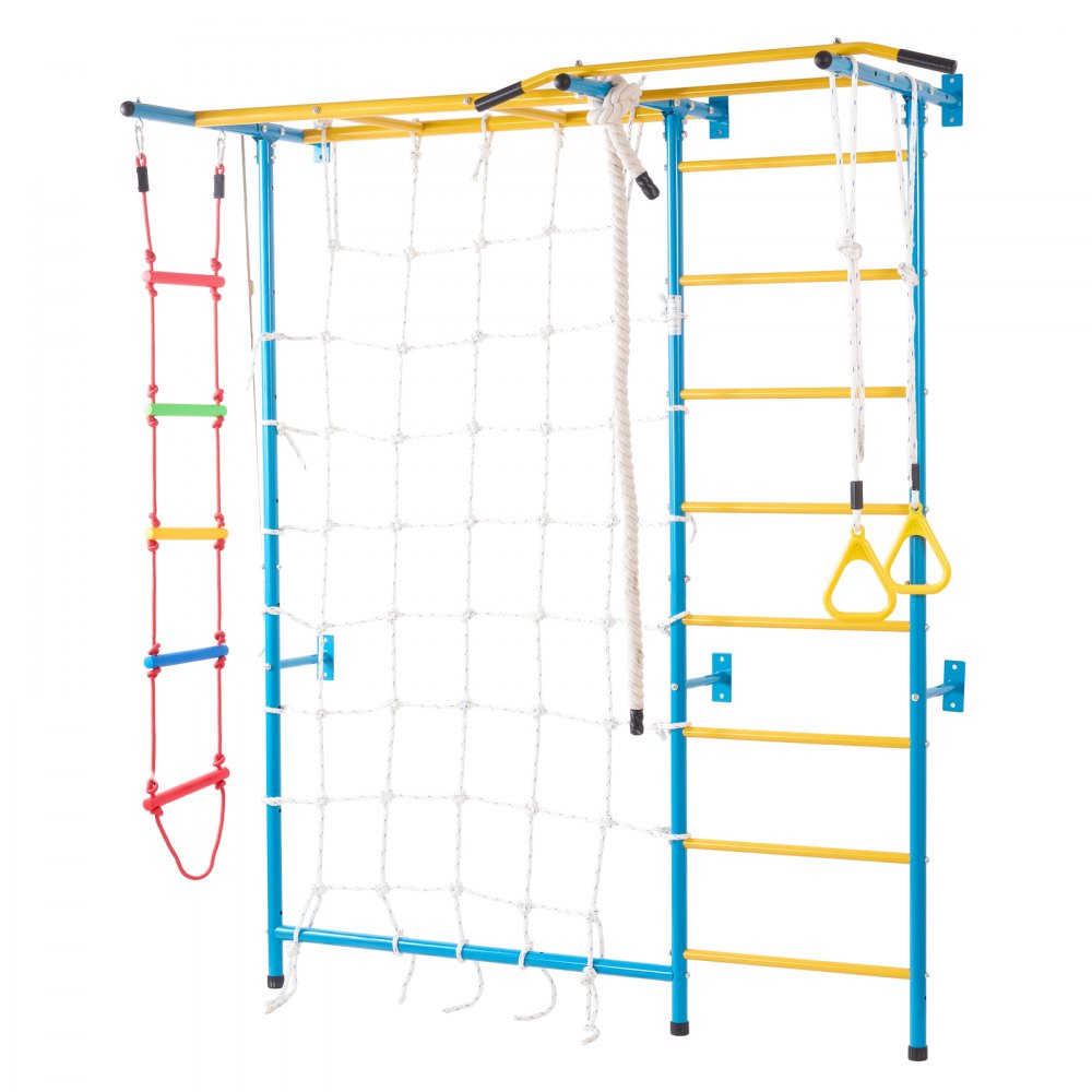 VEVOR Sprossenwand Turnwand Klettergerüst für Kleinkinder, 7-in-1-Kletterspielset mit schwedischer Leiter aus Karbonstahl, Klimmzugstange & Strickleiter & Turnringen 100 kg belastbar mehrfarbig