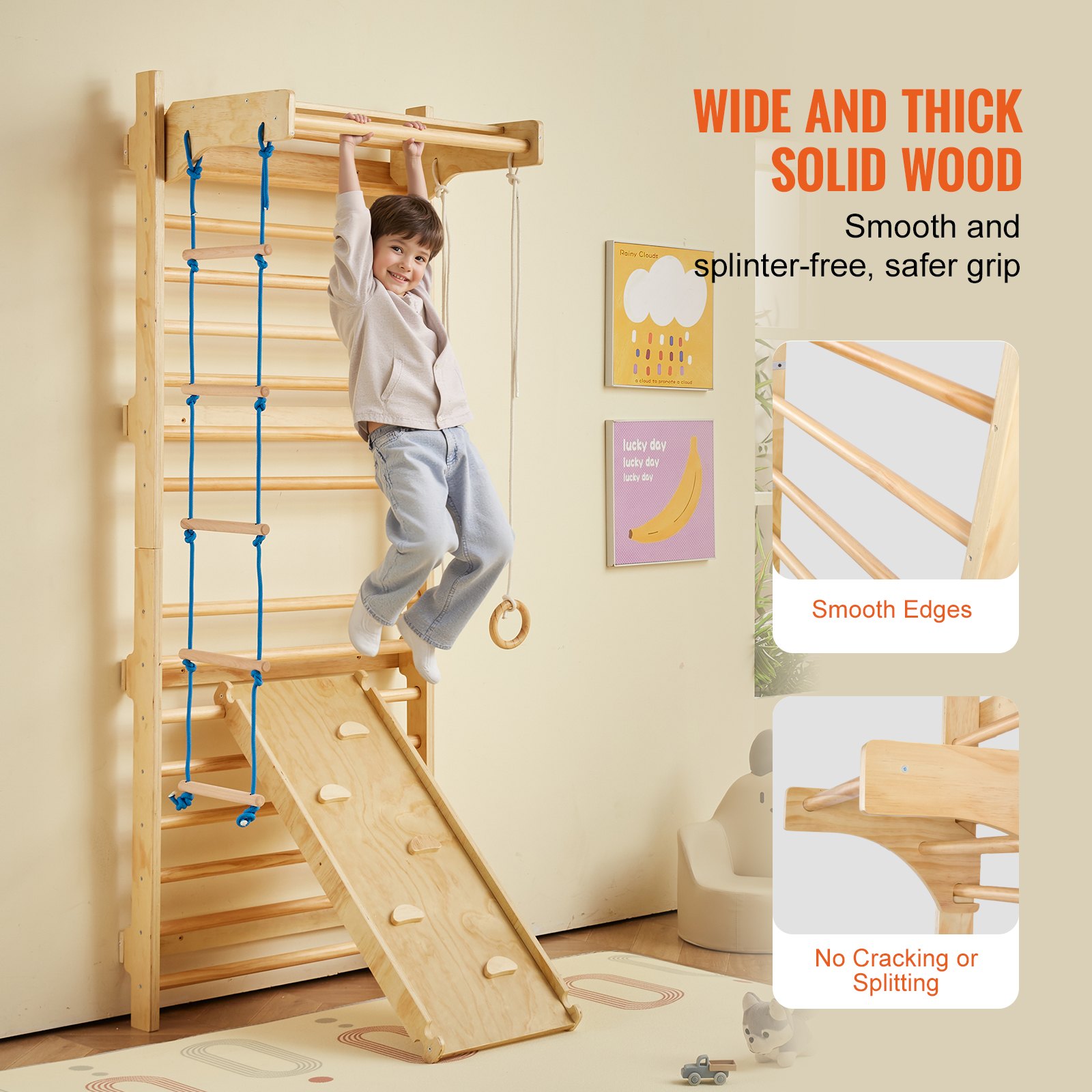VEVOR Swedish Ladder Wall, 15-Step Wooden Climbing Toy for Indoor Playgrounds, 100 kg Load Capacity, Swedish Wall Ladder for Children & Adults, Pine Wood Climbing Wall
