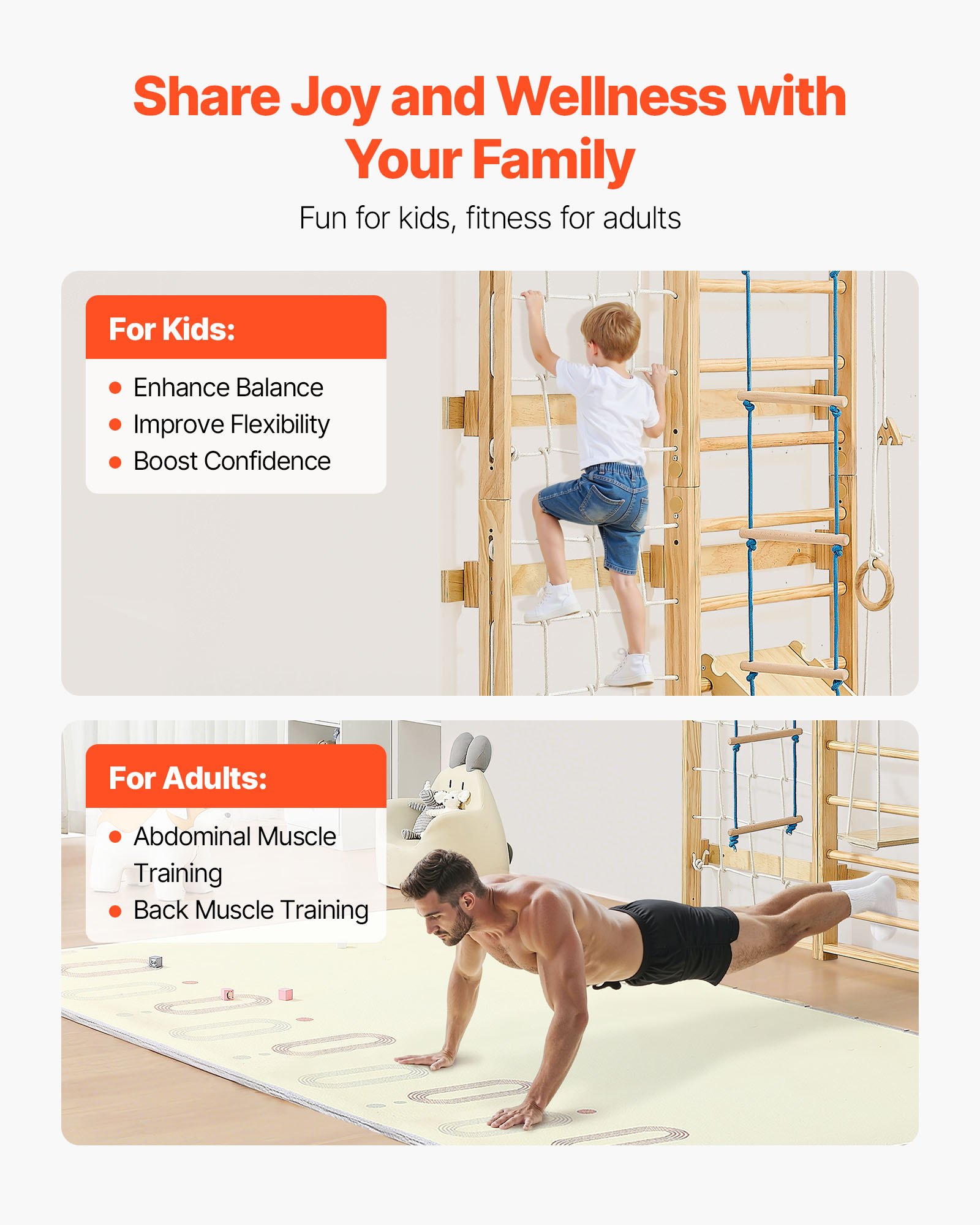 VEVOR schwedische Leiterwand 8 in 1 12-stufiges Kletterspielzeug aus Massivholz 100 kg belastbares Indoor-Klettergerüst mit Kletterbrett Turnringen Klimmzugstange Wandleiter Rutsche Schaukel