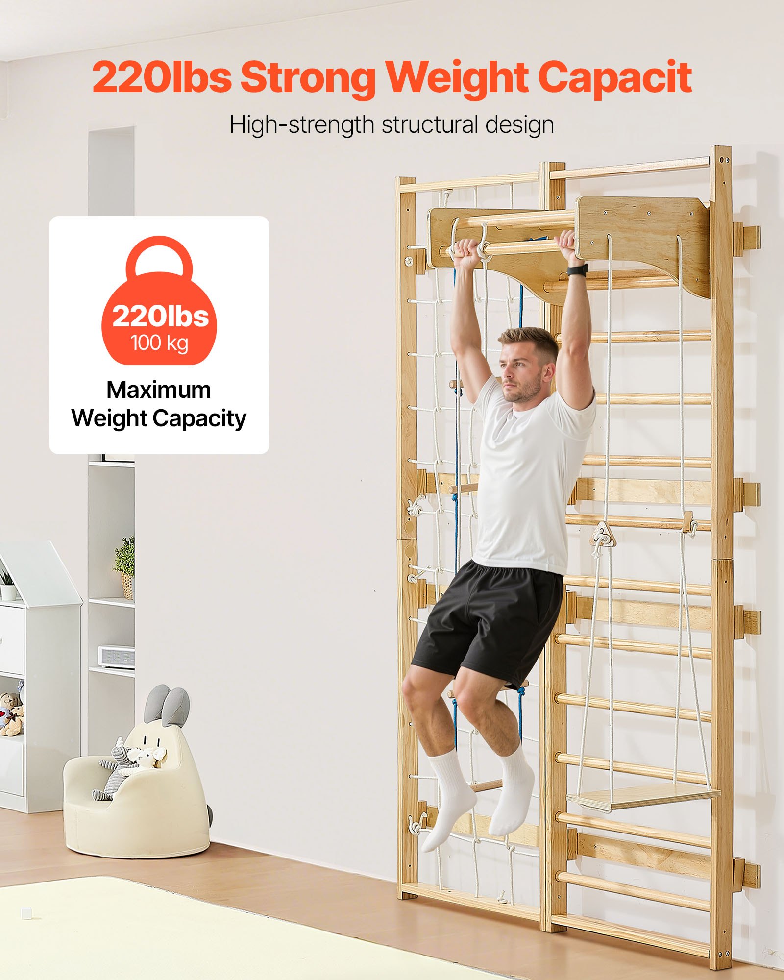 VEVOR schwedische Leiterwand 8 in 1 12-stufiges Kletterspielzeug aus Massivholz 100 kg belastbares Indoor-Klettergerüst mit Kletterbrett Turnringen Klimmzugstange Wandleiter Rutsche Schaukel