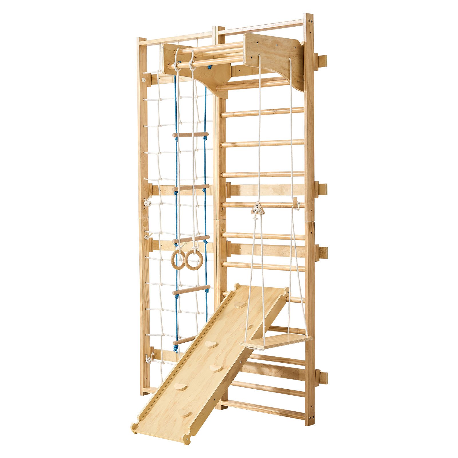 VEVOR schwedische Leiterwand 8 in 1 12-stufiges Kletterspielzeug aus Massivholz 100 kg belastbares Indoor-Klettergerüst mit Kletterbrett Turnringen Klimmzugstange Wandleiter Rutsche Schaukel