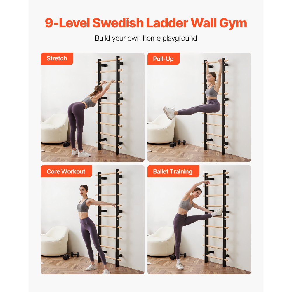 VEVOR schwedische Leiterwand 9-stufiges Kletterspielzeug Wandturnhalle aus Massivholz + Karbonstahl 150 kg belastbares Indoor-Klettergerüst mit 8 x 8 cm Power Rack-Zubehör Turnreck