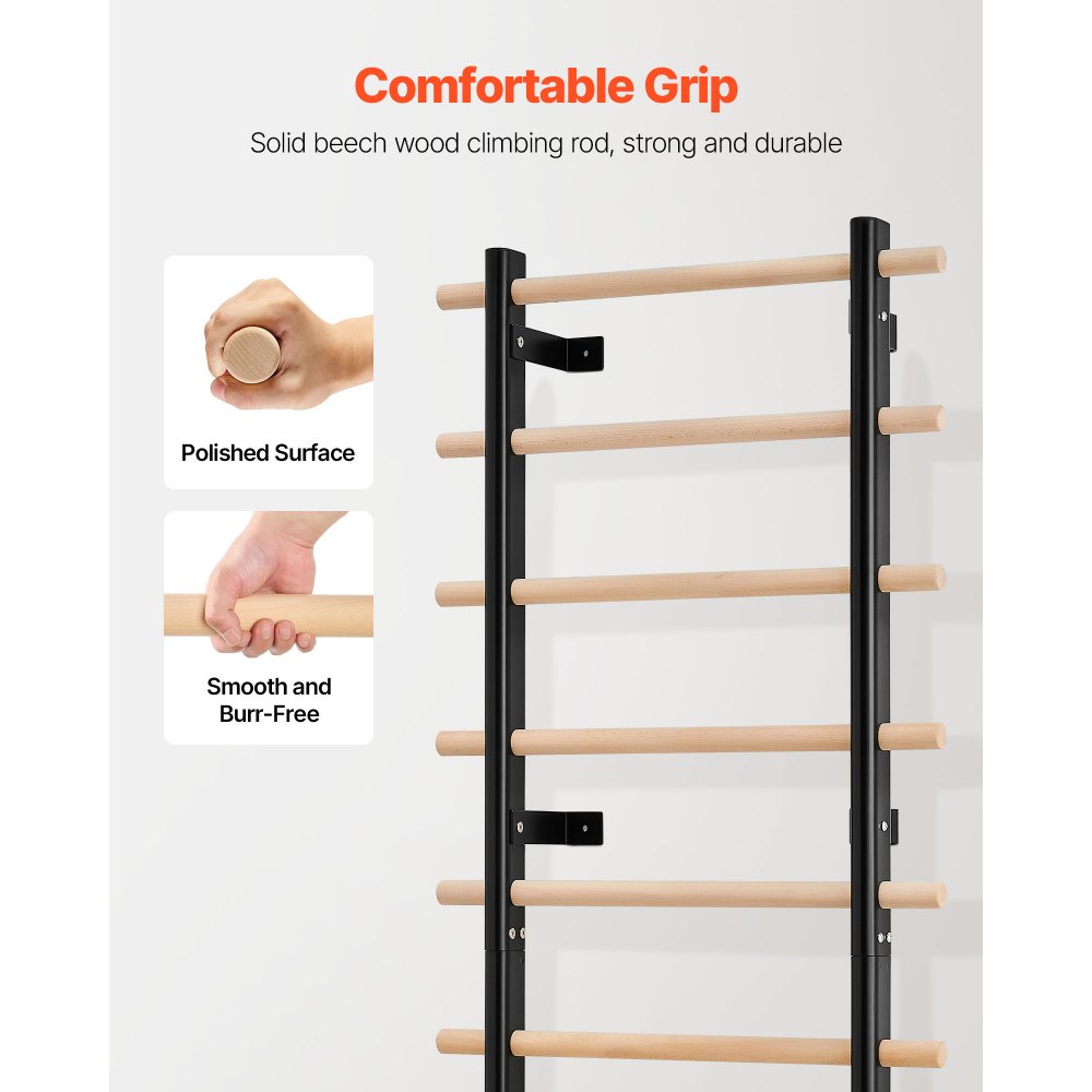 VEVOR schwedische Leiterwand 9-stufiges Kletterspielzeug Wandturnhalle aus Massivholz + Karbonstahl 150 kg belastbares Indoor-Klettergerüst mit 8 x 8 cm Power Rack-Zubehör Turnreck