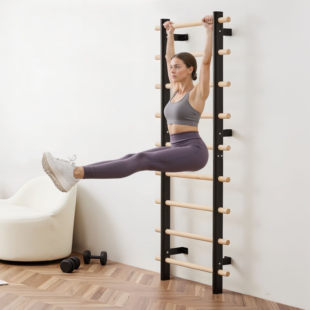 VEVOR schwedische Leiterwand 9-stufiges Kletterspielzeug Wandturnhalle aus Massivholz + Karbonstahl 150 kg belastbares Indoor-Klettergerüst mit 8 x 8 cm Power Rack-Zubehör Turnreck