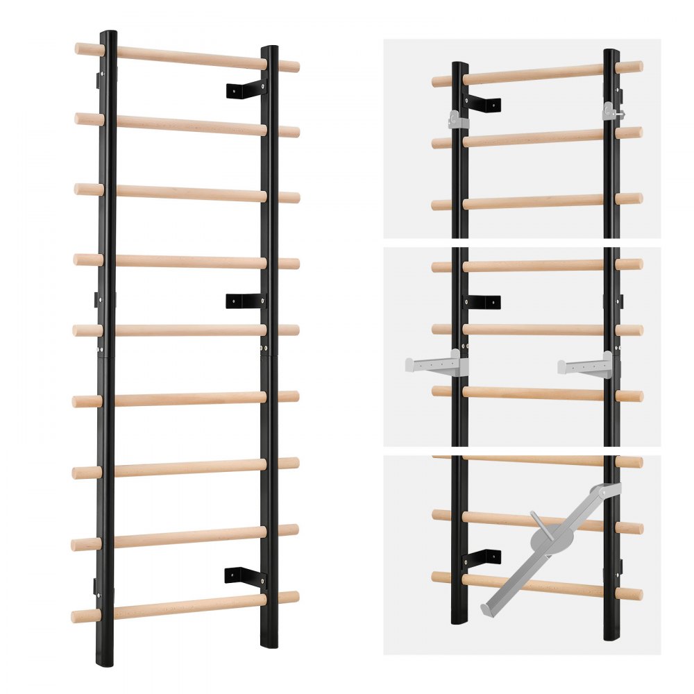 VEVOR schwedische Leiterwand 9-stufiges Kletterspielzeug Wandturnhalle aus Massivholz + Karbonstahl 150 kg belastbares Indoor-Klettergerüst mit 8 x 8 cm Power Rack-Zubehör Turnreck