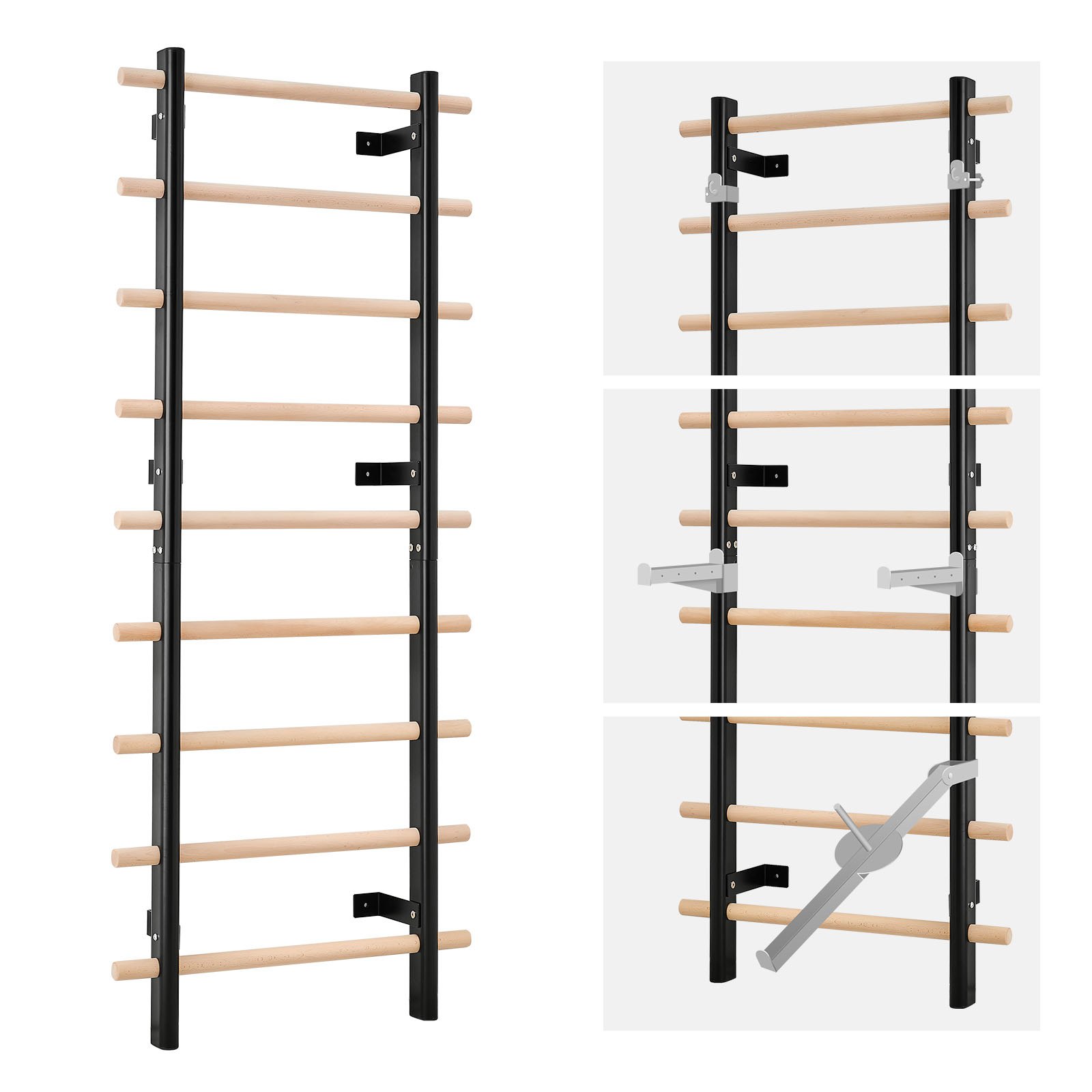 VEVOR Swedish Ladder Wall Gym, 9-Level Swedish Ladder Suspension Trainer, 330LBS Loading Solid Wood + Carbon Steel Gymnastics Stall Bars for Adult, Compatible with 3.15" x 3.15" Power Rack Accessories