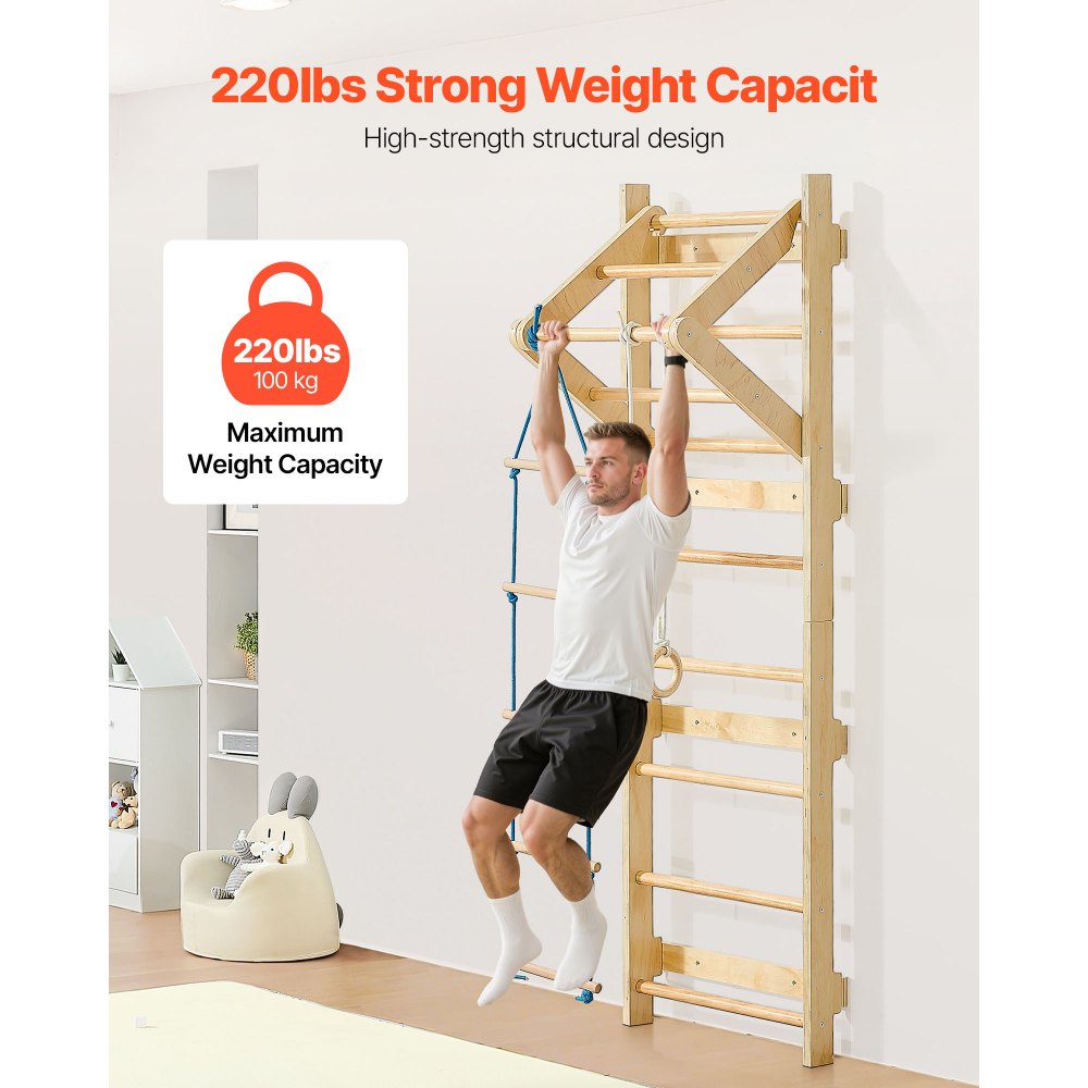 VEVOR schwedische Leiterwand 4 in 1 8-stufiges Kletterspielzeug aus Massivholz 100 kg belastbares Indoor-Klettergerüst mit Turnringen Klimmzugstange Strickleiter Wandleiter