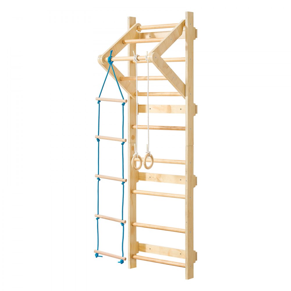 VEVOR schwedische Leiterwand 4 in 1 8-stufiges Kletterspielzeug aus Massivholz 100 kg belastbares Indoor-Klettergerüst mit Turnringen Klimmzugstange Strickleiter Wandleiter