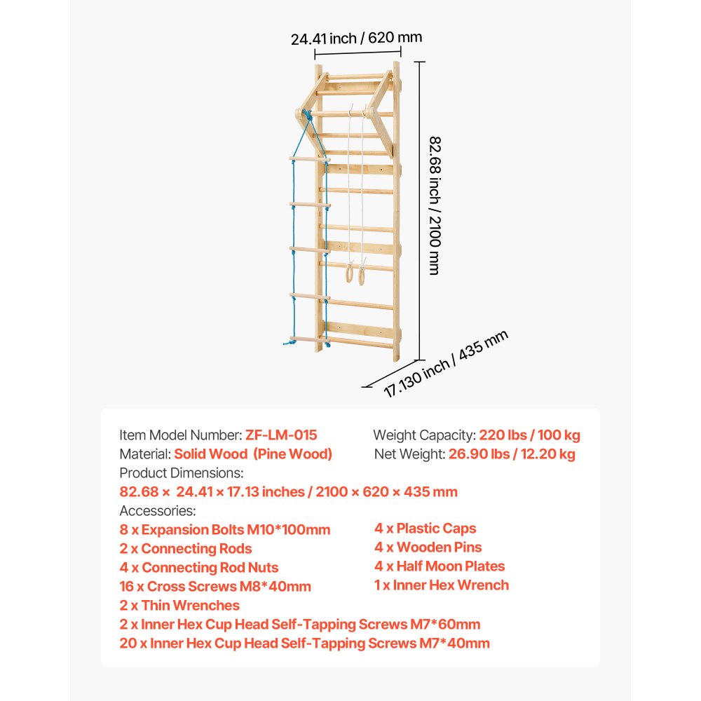 VEVOR Swedish Ladder Wall Gym, 4-in-1 8-Level Indoor Jungle Gym, 220LBS Loading Solid Wood Gymnastic Stall Bars, Indoor Playground Climbing Playset with Gym Rings, Pull-Up Bar, Rope Ladder, Wall Ladder