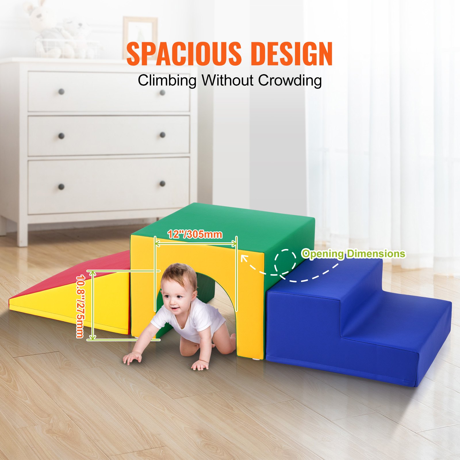 VEVOR Single Tunnel Climber, Toddler Playset, Foam Climbing Blocks for Toddlers, Children's Tunnel Maze with Stairs and Ramp, Indoor for Toddlers and Preschoolers, 3 Pieces