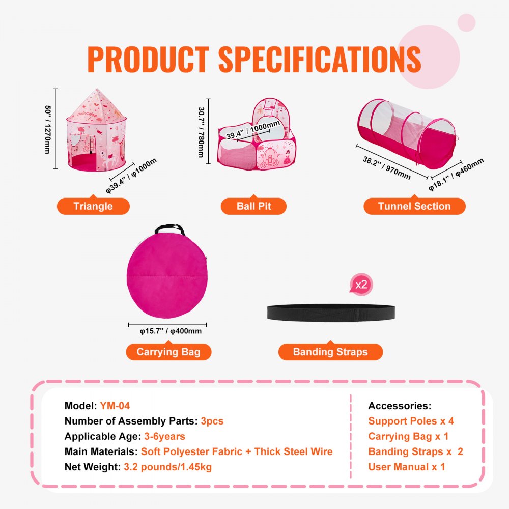 VEVOR 3-in-1-Spielzelt mit Tunnel für Mädchen, Prinzen, Jungen, Babys und Kleinkinder, Pop-Up-Spielhaus für drinnen und draußen mit Tragetasche und Spanngurten als Geburtstagsgeschenk, Farbe Magenta