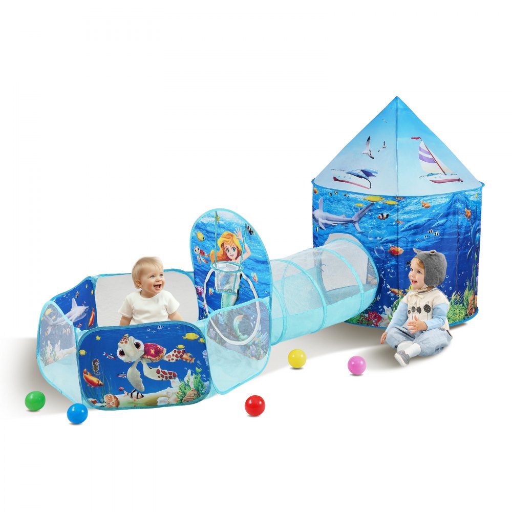 Kinder spielen mit dem VEVOR-Kinderspielzelt mit Unterwasserthema, Tunnel und bunten Spielbällen.